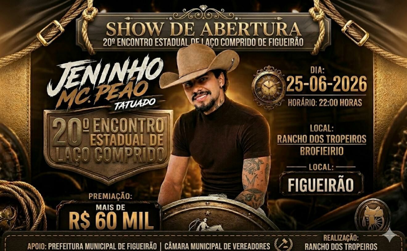 Imagem de compartilhamento para o artigo Com show de Jeninho MC Peão, 20º Encontro Estadual de Laço Comprido começa hoje em Figueirão da MS Todo dia